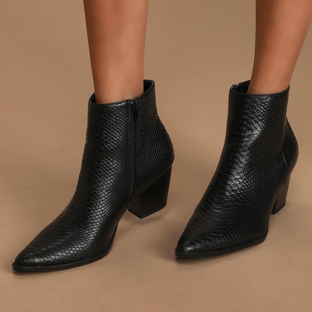 Black Snake Pointed Toe Ankle Booties